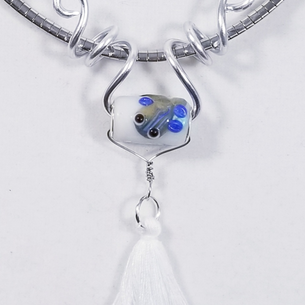 Aluminum Silver Spiral Pendant White Lampwork Bead
